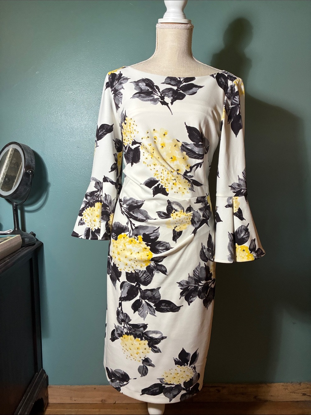 Cream Floral Sheath Dress with Bell Sleeves - Yellow & Black Print